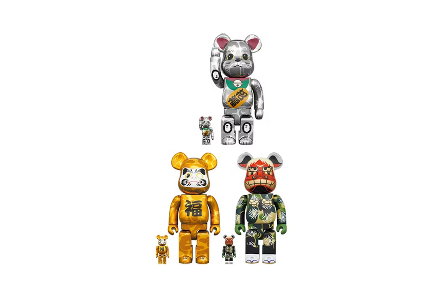 Bearbrick X  Bape Lion Dance, Daruma, and Maneki Neko 100 &amp; 400 6Pc Set%